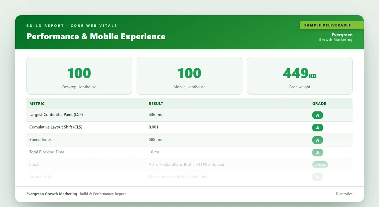 Sample performance report from Evergreen: perfect 100/100 Lighthouse scores and Core Web Vitals graded against target.